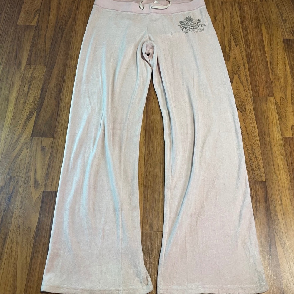 Juicy Couture Velour Track Pants Womens Large Pink Rhinestone Crest Y2K USA Made